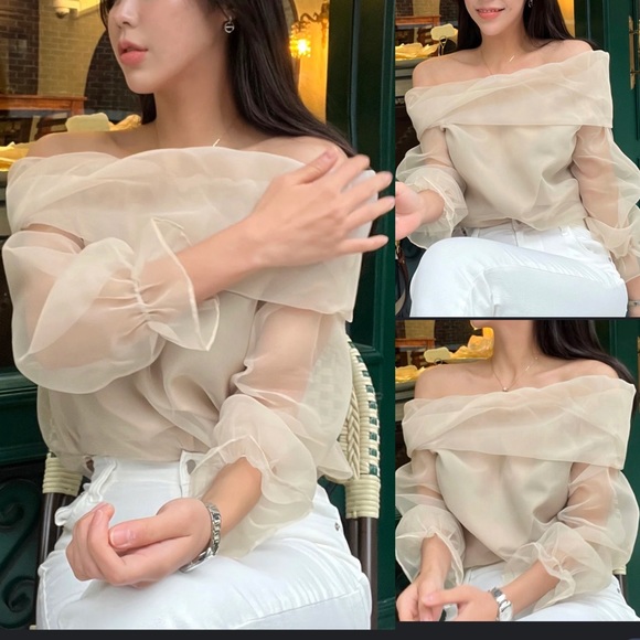 Tops - Cream Off the shoulder mesh organza long sleeve top blouse